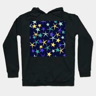 Starfish galaxy in deepest blue, deep periwinkle, butter yellow and teal green Hoodie